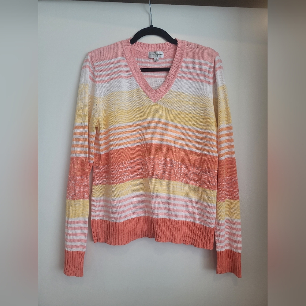 Studio Works Striped Cotton V-neck Sweater Size Medium
